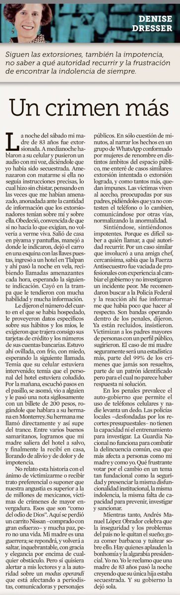 jrisco's tweet photo. “Un crimen más” 

La dolorosa columna de @DeniseDresserG en @Reforma 

😣 https://t.co/h6X5eFILCS