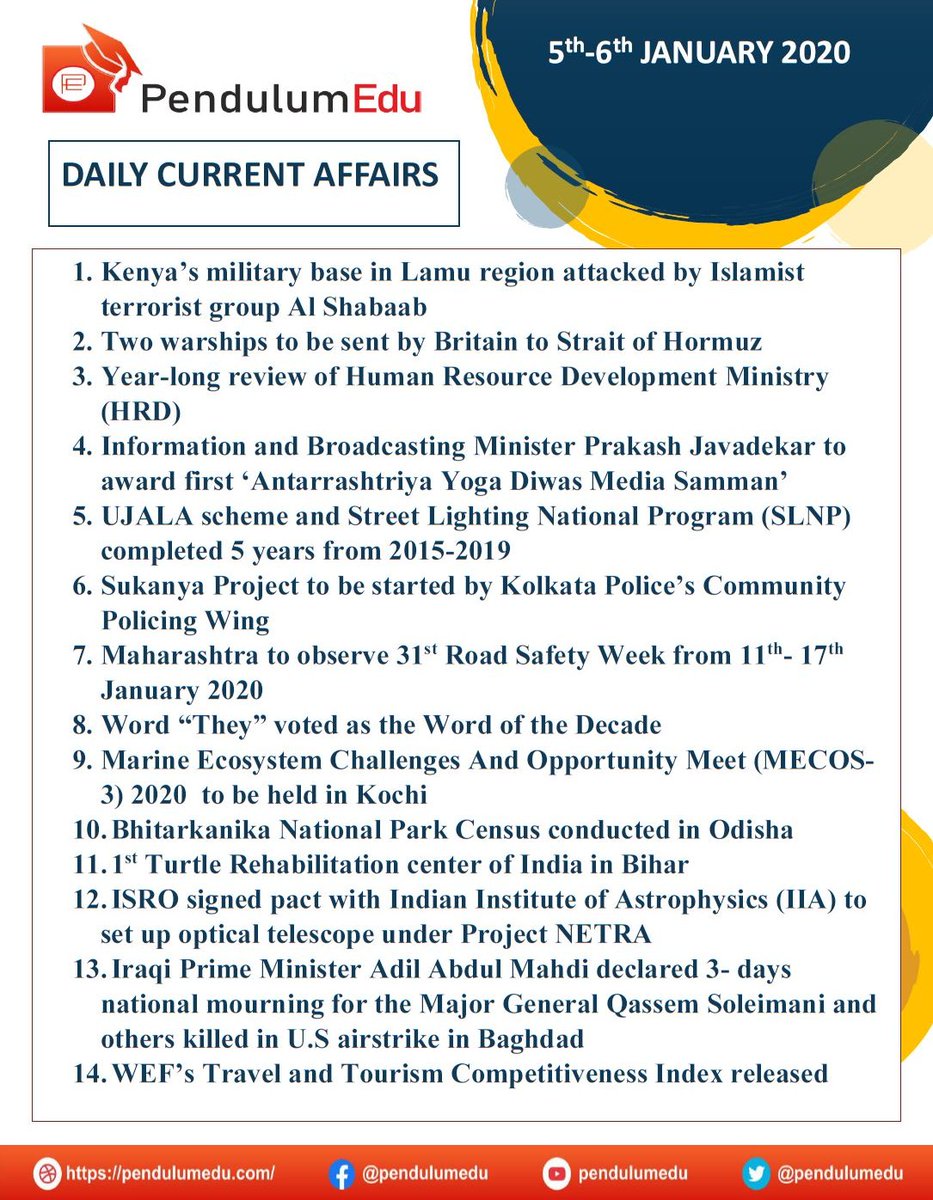 Daily Current Affairs English - 5-6th january 2020
Read in detail Here - bit.ly/39I1CYn
#currentaffairs #gk #kenyamilitary #britain #HRD #yogadiwas #UJALA #sukanya #THEY #MECOS #bhitarkanikanationalpark #turtlerehabilitationcenter #ISRO #NETRA #IRAQIprimeminister #WEFs