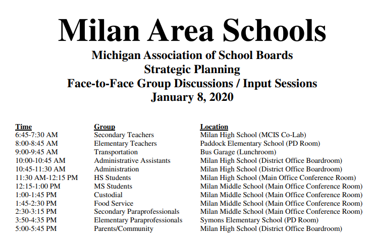 Input sessions have been scheduled for Wednesday, January 8, 2020.  Details for the sessions are provided below. #PowerUpMMS #MASBigReds

The survey will be available on the district’s web page.

Or by visiting: surveymonkey.com/r/2020MilanSP