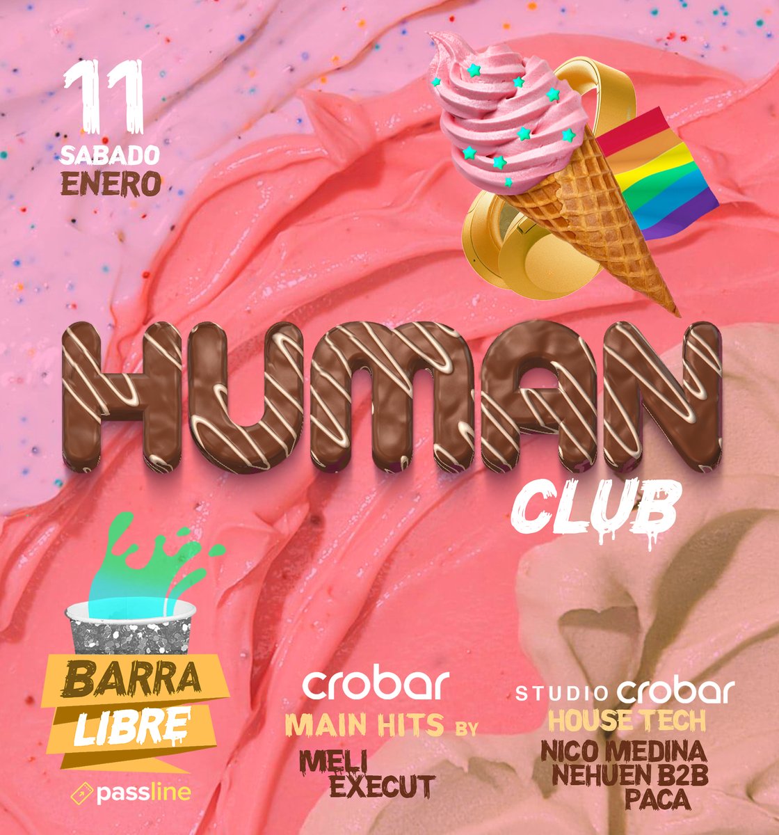 RheoBA's tweet image. Human Club🏳️‍🌈 - Barra Libre🍻 Sábado 11 Enero 2020
2 Pistas 😎 🎵POP &amp;amp; Funny Music #Crobar
🎵Techno &amp;amp; House #StudioCrobar
🎟Ticket General $750 -&amp;gt; bit.ly/36ttrBN
🎟Early Pack 2x $1400 -&amp;gt;