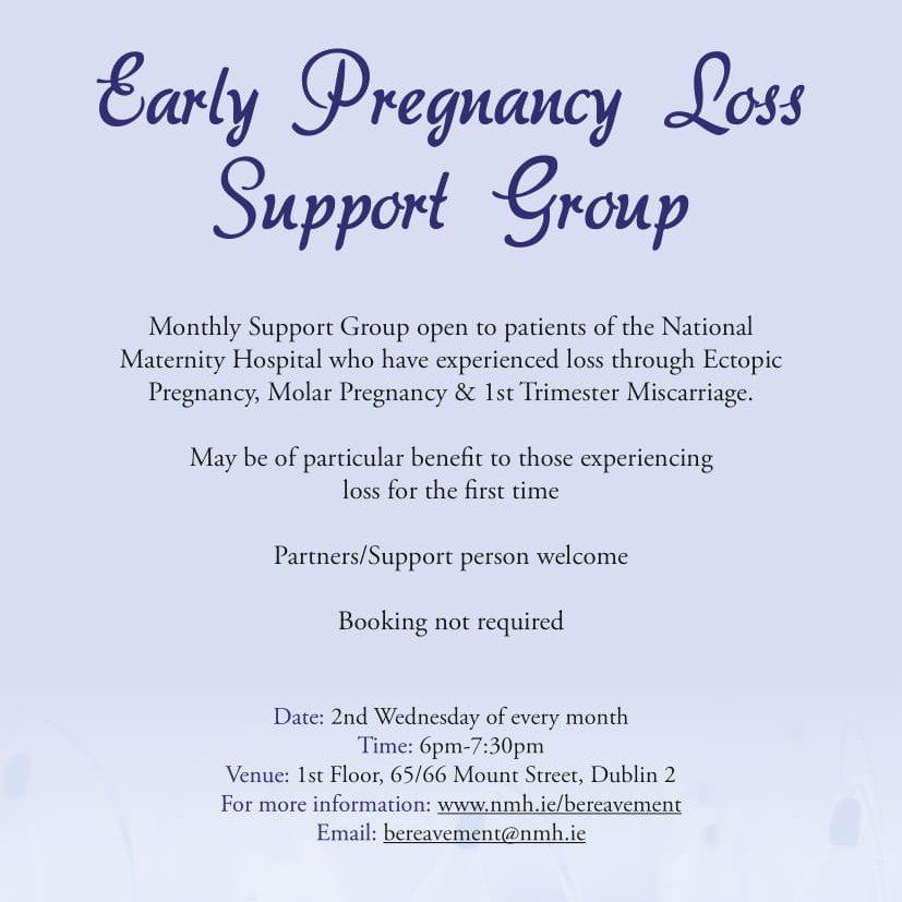 #Datefordiary reminder for NMH new #EarlyPregnancyLoss Support Group initiative, which commences from 6-7.30pm on the 8th Jan on the 1st Floor, 65/66 Mount St, Dub 2. Booking not required. For further info, visit nmh.ie/support-servic…