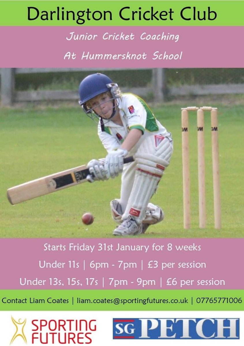We are looking forward to working with <a href="/DCC_Feethams/">Darlington Cricket Club</a>  in 2020!  Please find information below regarding our first course of the year! <a href="/HummersknottAct/">Hummersknott Active</a> <a href="/sgpetch/">SG Petch</a>