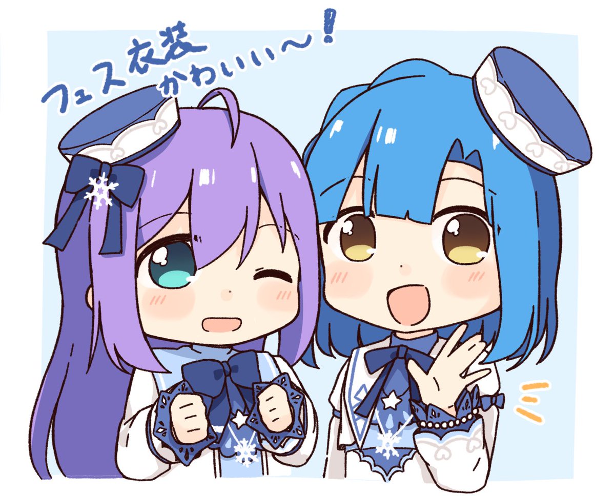 mochizuki anna ,nanao yuriko multiple girls 2girls one eye closed hat blue bow blue hair smile  illustration images