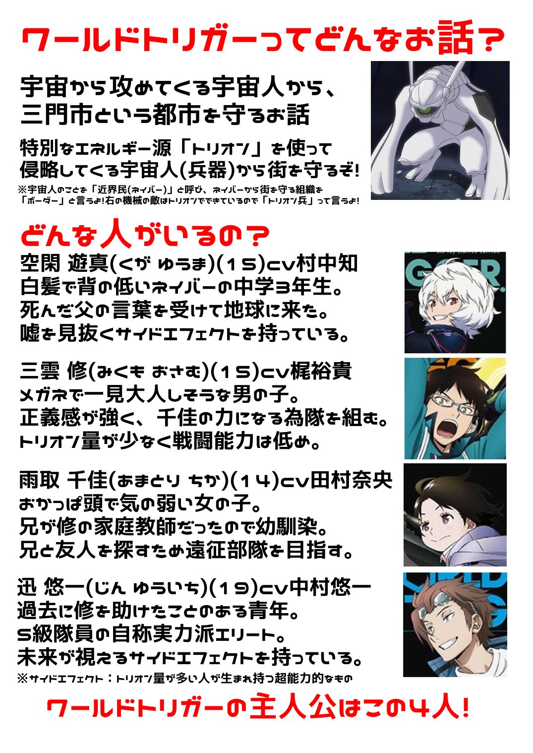 Twitter 上的 黒崎むーた E ワールドトリガーの 布教を したくて 前作った文字だらけのやつじゃない もうちょっと分かりやすいのを作ったので よかったら見てください キャラ紹介が多めです ついこの間アニメ二期が決定しました 乗るしかないこのビッグ