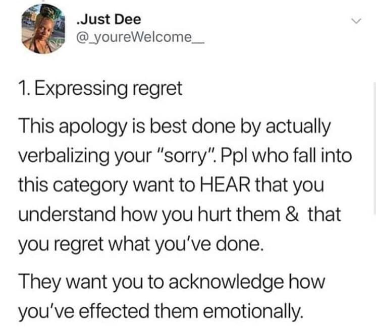 FruityFreckles's tweet photo. I found this on Facebook and thought I’d share here. This is about apology languages-similar to love languages. Not everyone receives apologies the same way. https://t.co/Vz0CbJrCNs