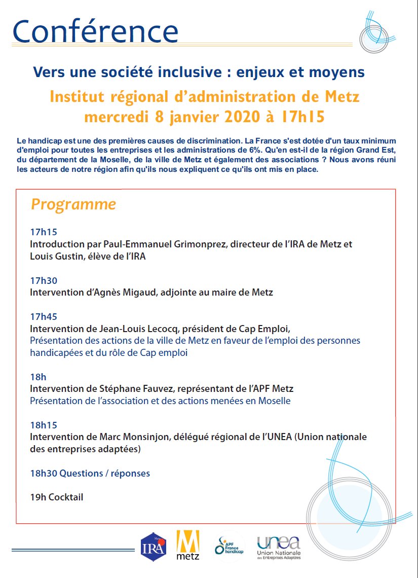 L’@irademetz organise une conférence ouverte au public sur l’#inclusion et l’emploi des personnes handicapées mercredi 8 janvier 2020 de 17h15 en partenariat avec la @MairiedeMetz. Venez nombreux !
#handicap <a href="/SadapterEU/">Louis Gustin</a>
