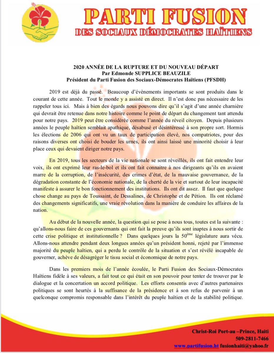 PartiFusion_ht's tweet photo. 2020: Année de la rupture et du nouveau départ #NotedePresse https://t.co/giJJrL9vBX
