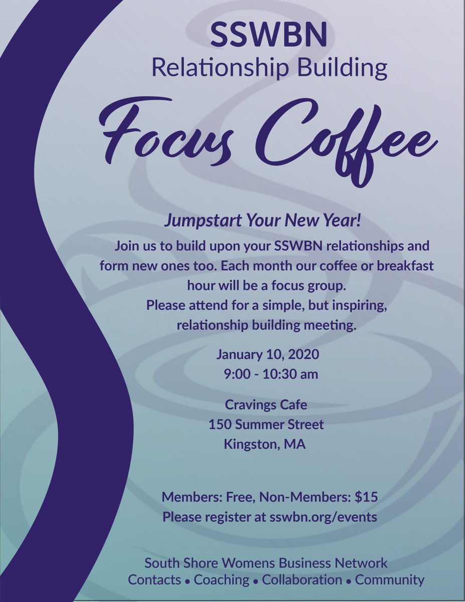 TheSSWBN's tweet photo. Our first event for 2020 is almost sold out - save your space!

January 10, 2020
9:00 AM - 10:30 AM
Cravings Cafe, 150 Summer Street Kingston, MA 02364

Register: https://t.co/3USrBG3VsB https://t.co/Q1LrcTsPJe