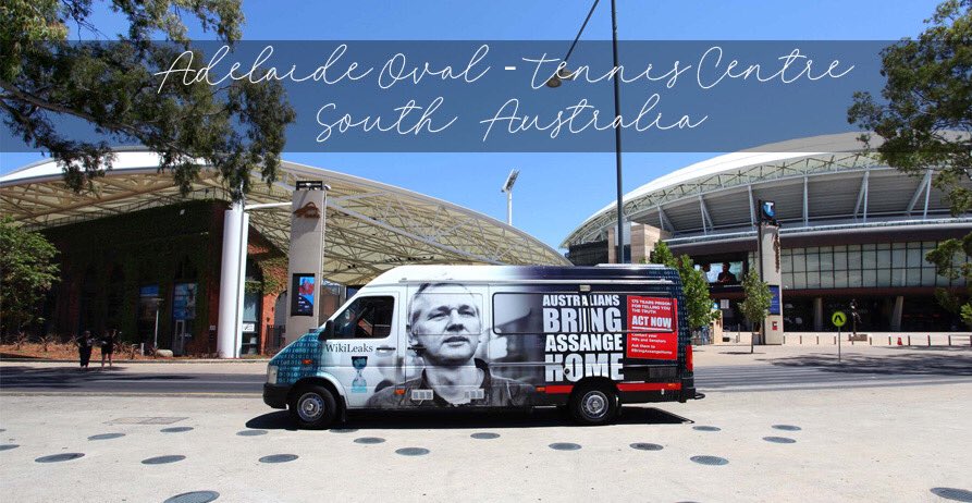 Aus4Assange's tweet photo. Adelaide Oval - Tennis Centre @southaustralia. #JulesMobile #RoadTrip #MelbourneBound #AustraliansBringAssangeHome @SomersetBean https://t.co/5HBjtPqB3Z