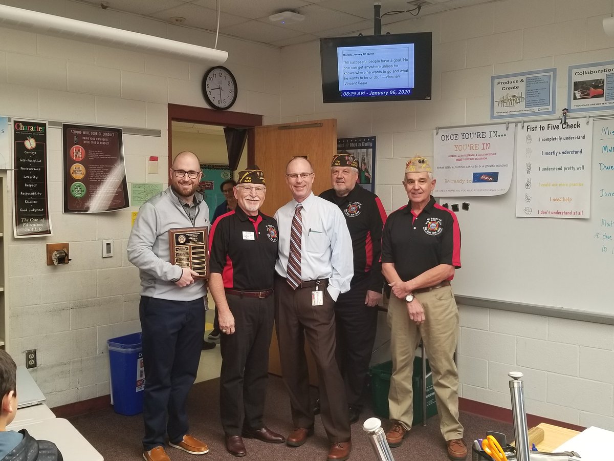 HeritageMiddle1's tweet photo. Excited to have the WF VFW here this morning to recognize @lhmiles2 as their Middle School Teacher of the year. Mr. Miles was surprised in front of his students! https://t.co/6Al396xLst