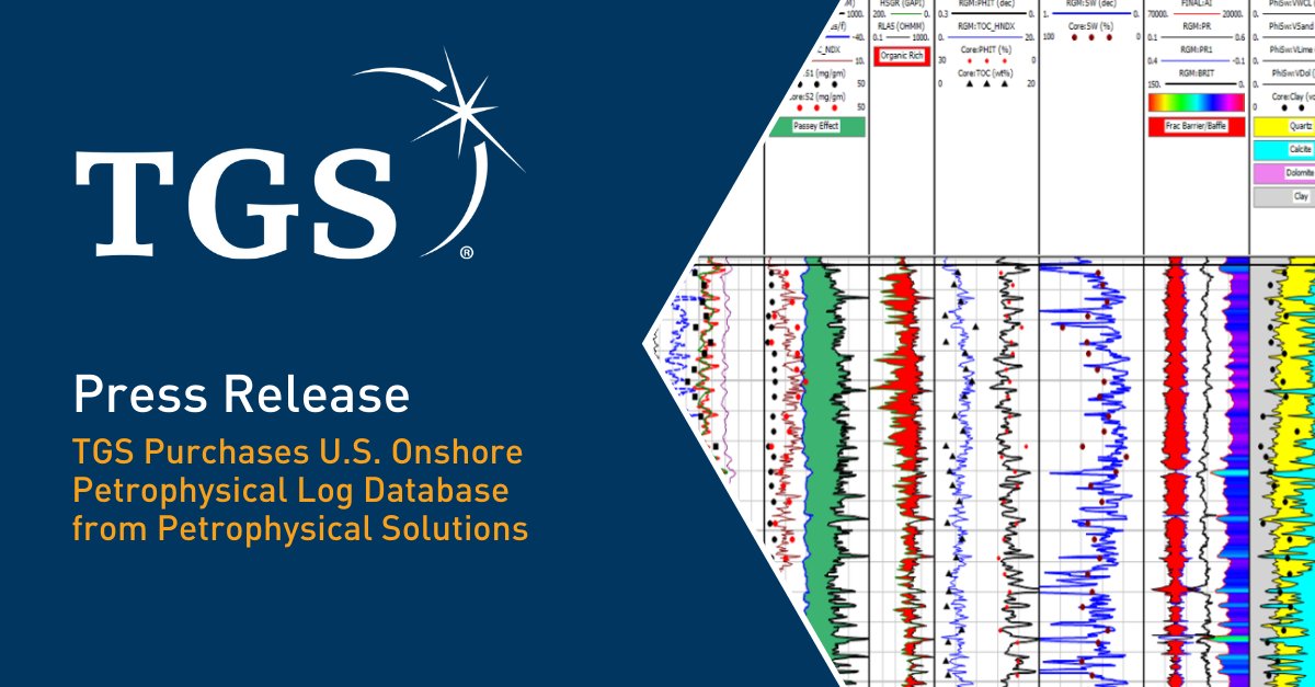 TGScompany's tweet photo. Press Release: TGS Purchases all U.S. onshore petrophysical log database and associated intellectual property from Petrophysical Solutions, Inc. 

Read the full press release here: https://t.co/7kZOMoEQNf

#TGS #SubsurfaceIntelligence #WellData #Petrophysics #WellLogs #OilandGas https://t.co/Uo5d2A4cLi