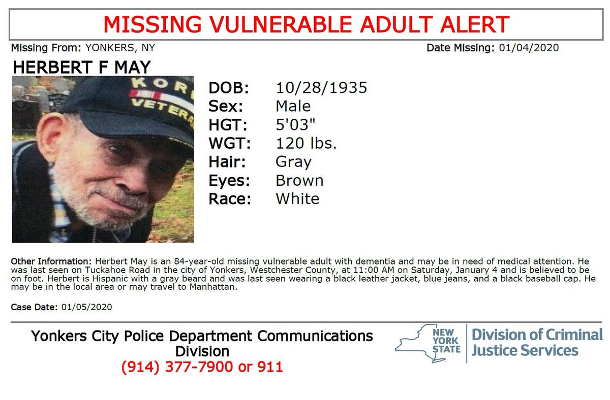 AgingAnswers's tweet photo. Herbert May 84yo white male in Yonkers
Has dementia,may need medical attn
5'3" 120lbs GrayHair BrownEyes
BlackLeatherJacket BlueJeans BlackBaseballCap
Seen:TuckahoeRd approx 11AM 01-04-2020
Call Yonkers City PD 9143777900/911
#aginganswers #missingperson #silveralert #yonker https://t.co/iAWHK5nrlz