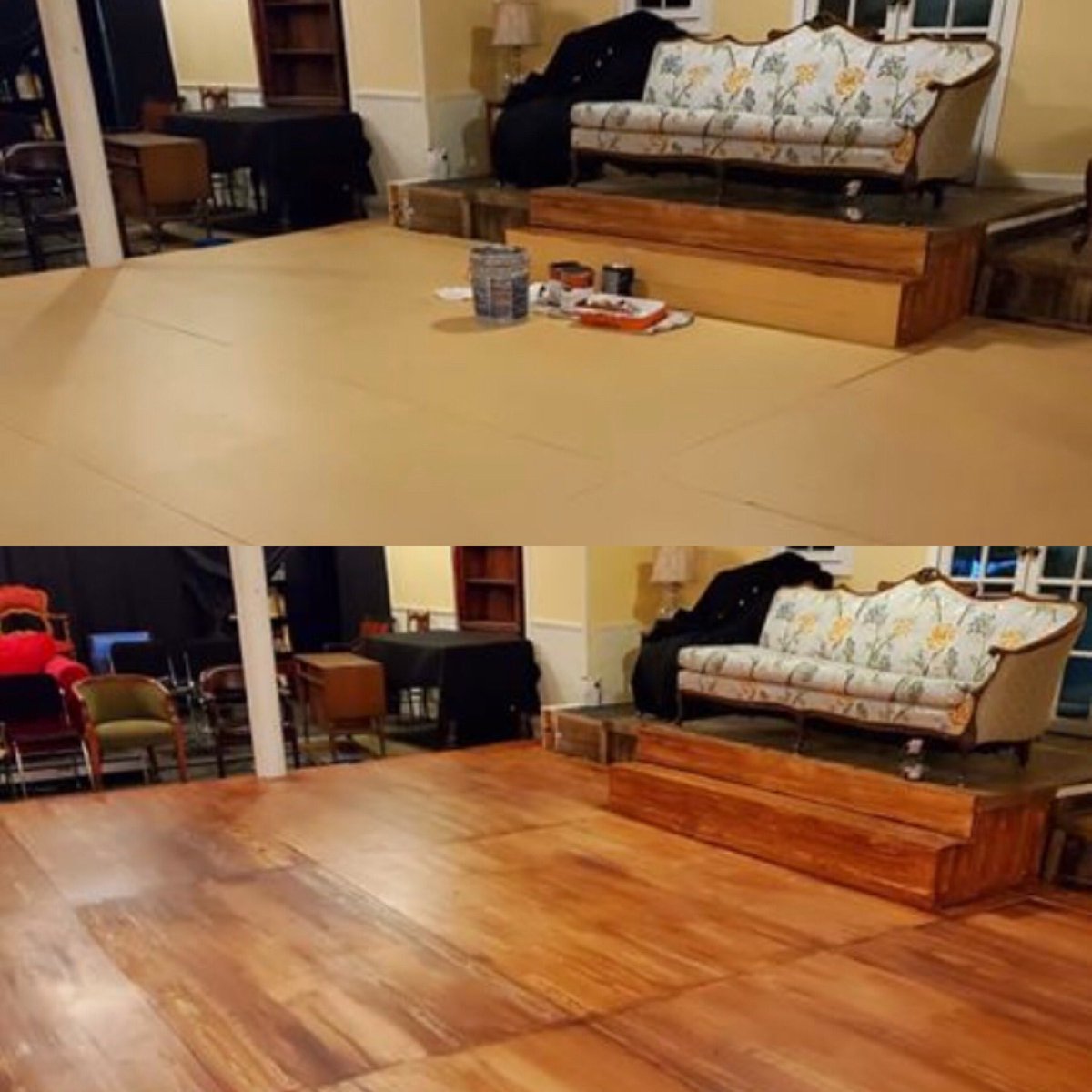 RedMonkeyTG's tweet photo. We’re in awe of Anthony Valbiro &amp; the gorgeous wood grain pattern he painted on our stage floor! Would you believe he did it all in 3 hours?!
📷: @anthonyvalbiro 
Floor primer by @adventurepeb 
#RedMonkeyTheaterGroup #HeddaGabler #setpainting #woodgrain #stagefloor #artist https://t.co/yj1yshgUxJ