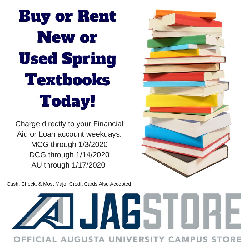 AUG_StudentLife's tweet photo. Buy or Rent @AUG_University books today! The Summerville #JagStore is open until 7:00 pm on 1/6/20 & 1/7/20! https://t.co/Rn9htAxghr