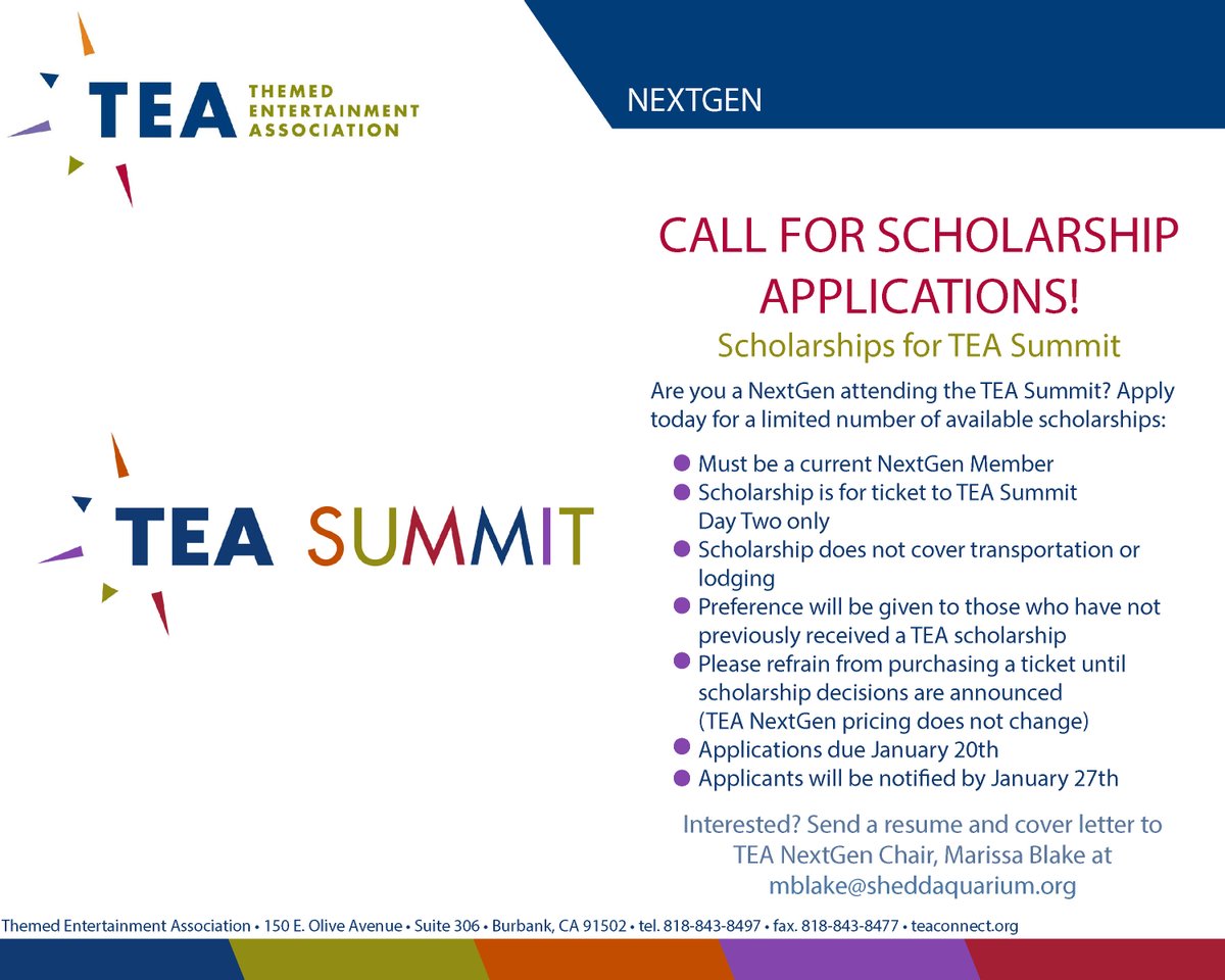 A limited number of TEA Summit scholarships are available to TEA NextGen members. Apply by January 20, 2020! #ThemedEntertainment #NextGen #Scholarships <a href="/TEA_Connect/">ThemedEntertainment</a>