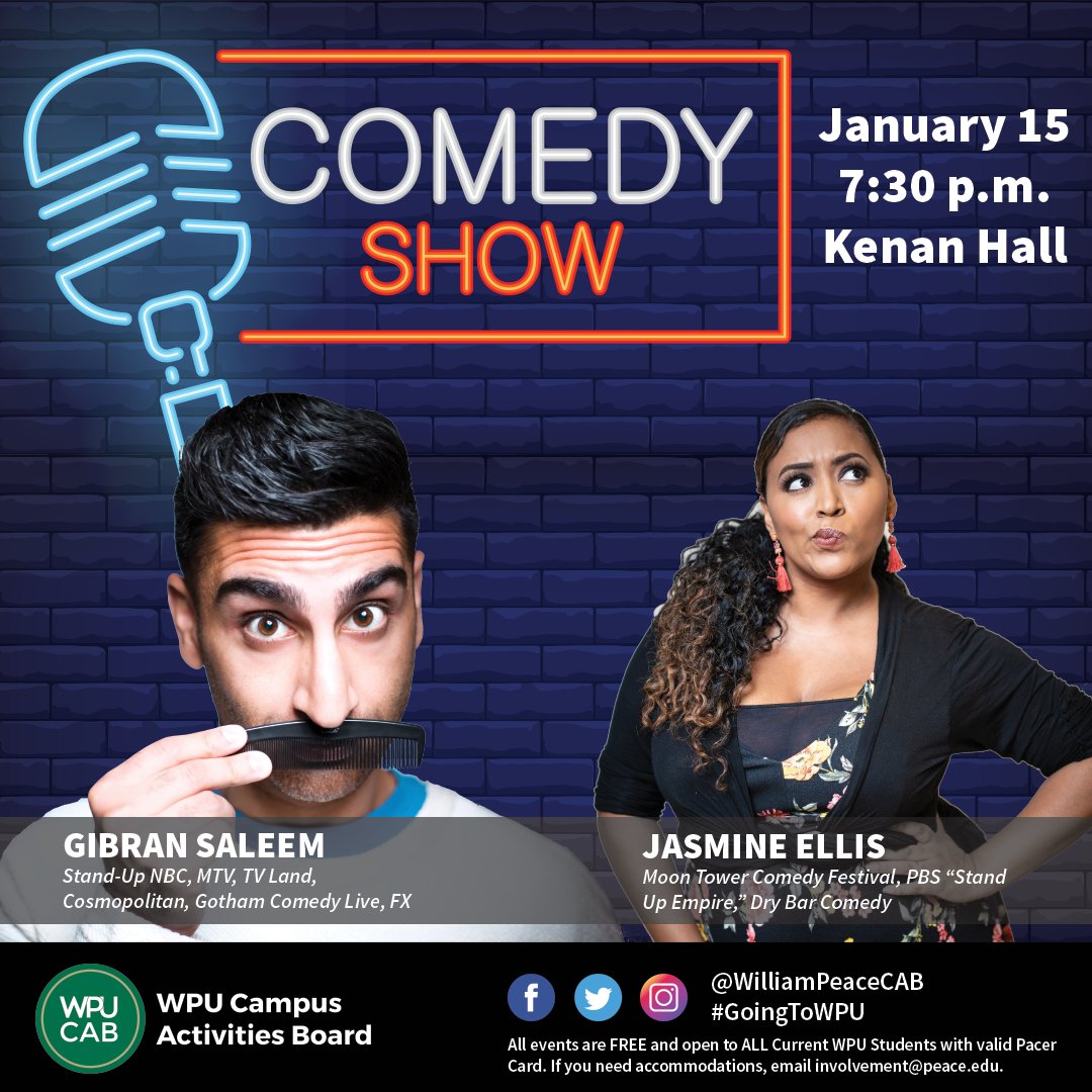 Our first major event of Spring is NEXT WEDNESDAY! Join us for one of the best comedy line-ups we have ever had at WPU. Gibran Saleem and Jasmine Ellis, two of the nation's top comedians will be here for a fun, FREE event with plenty of food! // #GoingToWPU #GoPeacePacers
