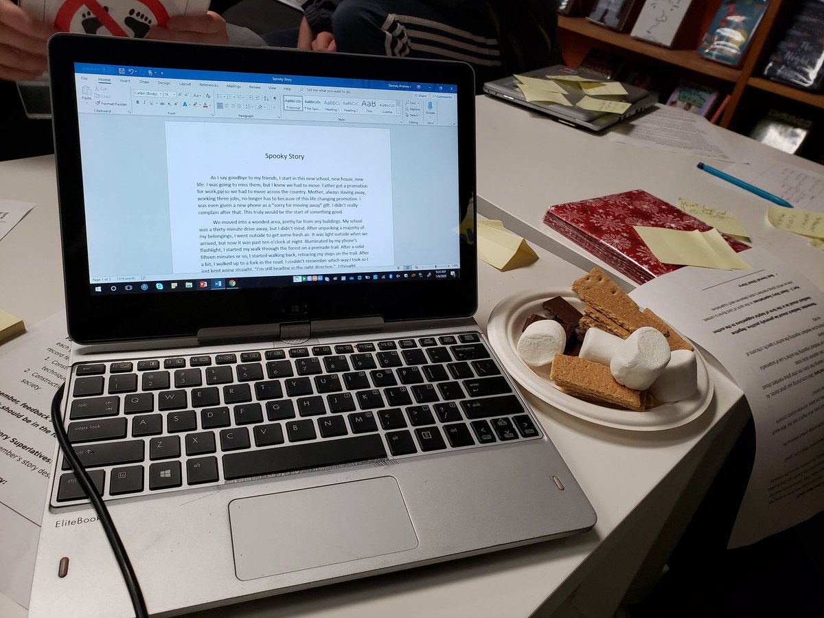 arbutuslibrary's tweet photo. 8th grade ELA Ss @ArbutusMS analyze literary criticisms of Frankenstein and then share their own authentic ghost stories while enjoying s'mores.  Very engaging lesson first thing Monday morning in the library.  #bcpslms https://t.co/Re6WgDGMyk