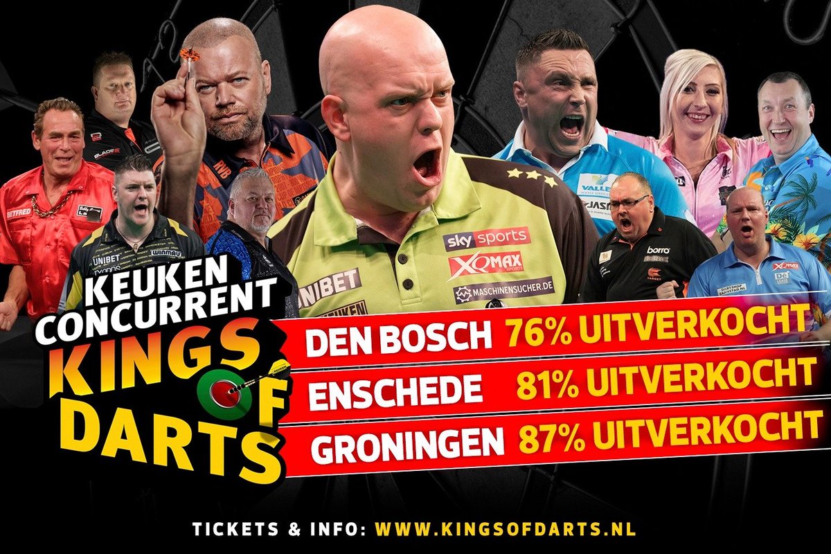 Nog maar 1⃣8️⃣ dagen en dan barst het dartsgeweld los in Den Bosch, Enschede en Groningen! 🎯 Er zijn nog kaarten maar de verkoop gaat pijlsnel! 🤩 Wil jij erbij zijn? Wacht dan niet te lang en bestel nu je kaarten via ➡ kingsofdarts.nl