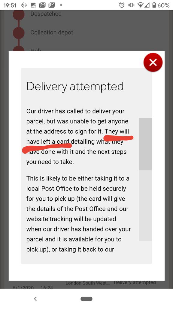 willbritton's tweet photo. @parcelforce - why even phrase this with certainty. It just makes you look stupid and me feel angry.
Not getting a delivery card and simultaneously being told that the driver "will have left" one is THE WORST possible customer experience.
You suck. https://t.co/7auSiAzI1A