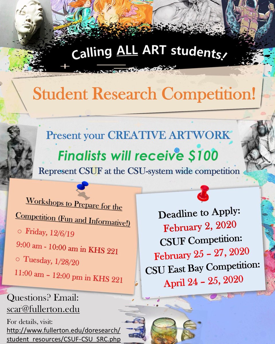 CSUFCOTA's tweet image. Hey, Students!

The 2020 CSUF/CSU Student Research Competition will accept research and art submissions. The deadline is February 2, 2020! 

For more info: bit.ly/36vbfYq

#CSUFCOTA #CSUF #CSUFVisualArts #CSUFMusic #CSUFDance #CSUFTheatre