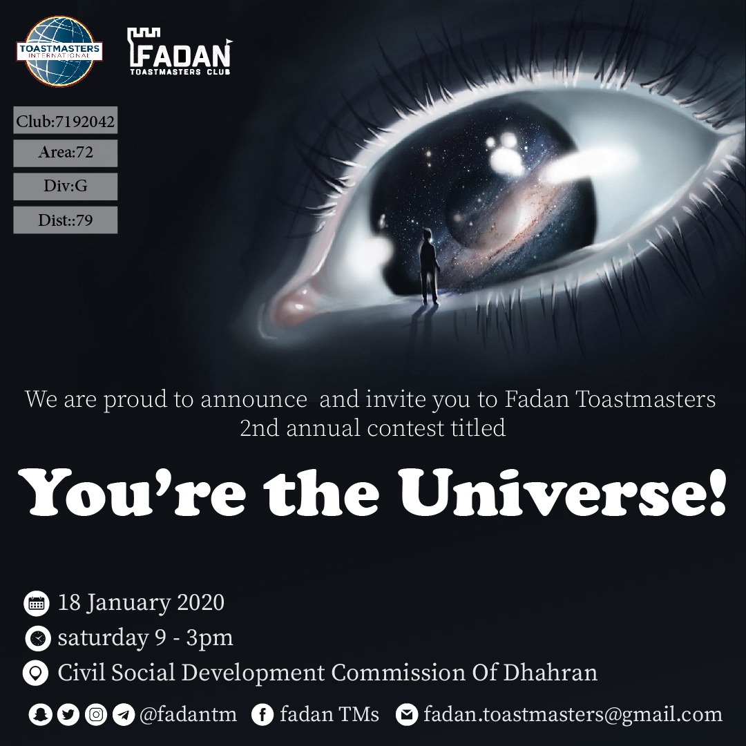 fadantm's tweet photo. Fadan Toastmasters request the honour of your presence at its 2nd annual contest 😍💓
🗓 Sat. 18th Jan. 2020
⏰ 9:00 am to 3:00 pm
Registration link
https://t.co/XP8EiPgF7Z https://t.co/0MKRS4M5Uh