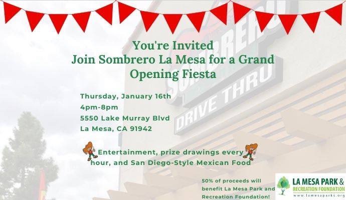 LaMesaCaParks's tweet photo. Head to Sombrero’s next Thursday, January 16 for a Grand Opening / Fundraiser for the parks! Fifty percent of proceeds will go to the La Mesa Park & Recreation Foundation!!
:
#lamesa #lamesaparks #sombreros #fundraiser #fiesta #parksmakelifebetter https://t.co/bxWi2OUlM5