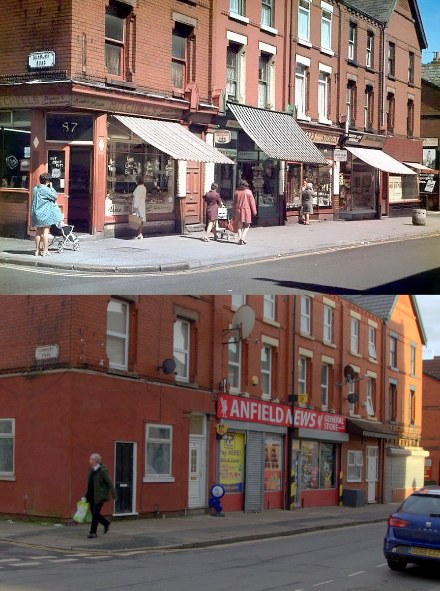 Anfield Road at Sunbury Road, Anfield, 1973 and 2019