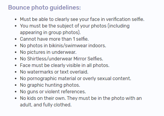 girlnamedsydney's tweet photo. These photo guidlines should be boilerplate for all dating apps. Good job @trybounce_ https://t.co/KyyRzoUgGd