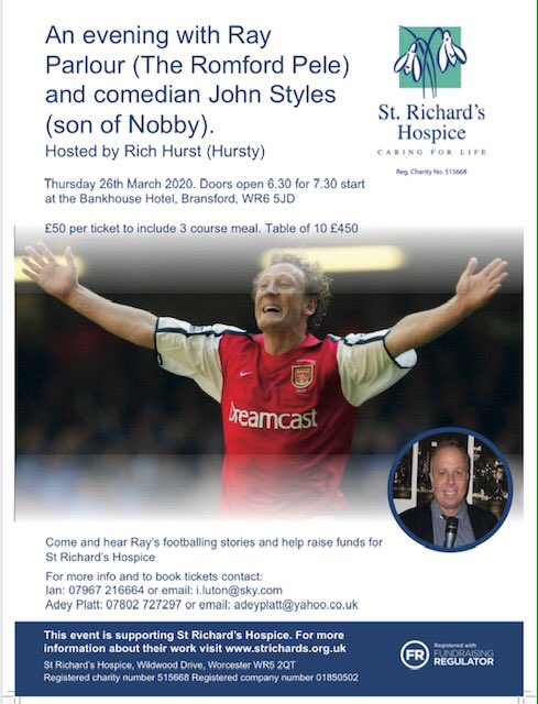 adeyplatt's tweet image. Tickets are selling. Please make contact. Will be a great night @RealRomfordPele  
ALL PROFIT to @StRichardsHosp 
strichards.org.uk/event/ray-parl… 
#WorcesterHour  
Please spread the word, all for charity. 
@BankHouseHotel1 @worcesternews @MalvernGazette @WorcsFA @WorcesterCityFc