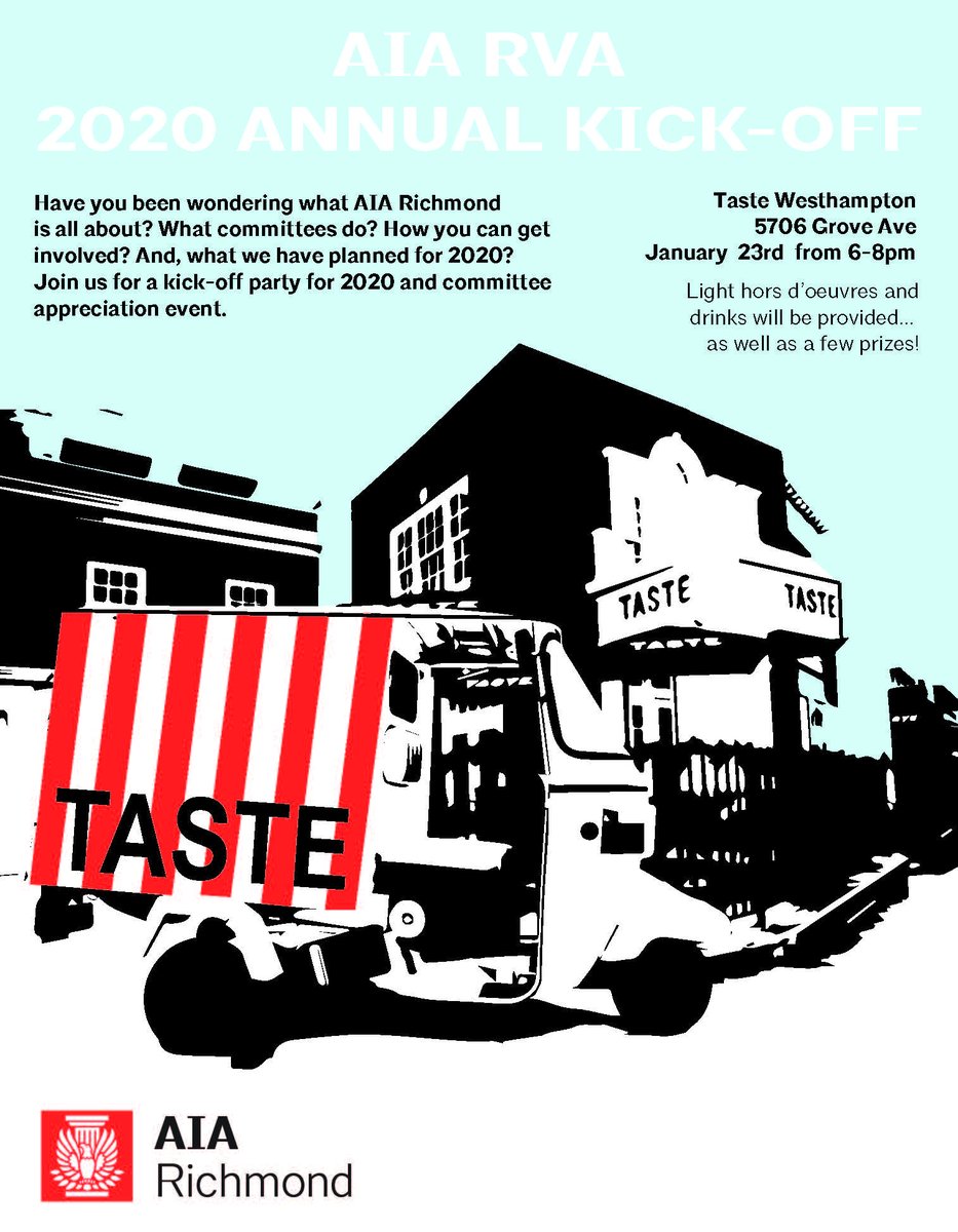 Have you been wondering what AIA Richmond is all about? What committees do? How you can get involved? And, what we have planned for 2020?
Join us for a kick-off party for 2020 and committee appreciation event.

RSVP online aiava.org/aiarva-event-r…
