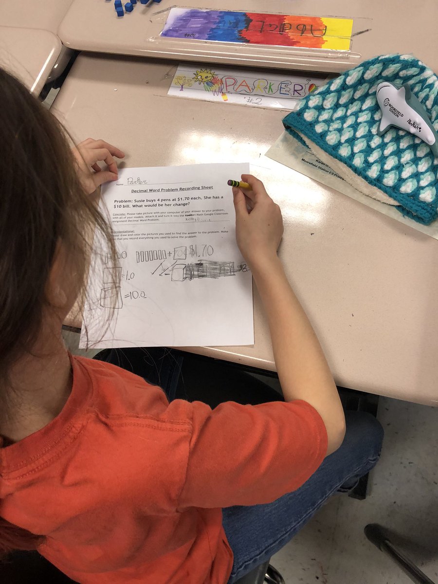 lauralissak's tweet photo. Using a CRA assessment for multiplying decimals that I learned about at my @math_solutions training last month. Students use concrete, representational,  and abstract methods to solve a word problem. @LCPS_Math https://t.co/Mn9nQ3yfhN