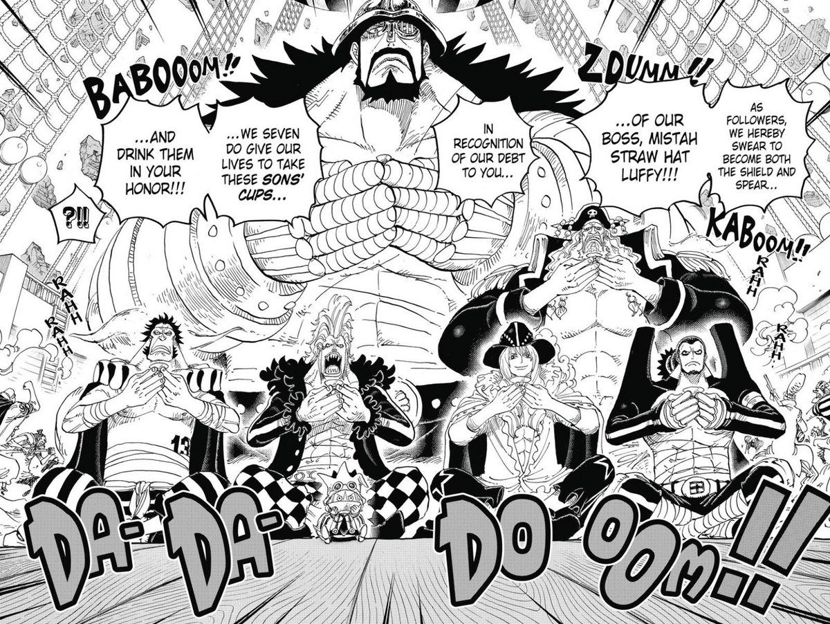 Standout Panel - Weight of Destiny moment. I don’t know why this stuck out to me, but there’s this very poetic element to seeing giants and tontattas drink to Luffy’s leadership. If you’ll pardon a Seussian turn of phrase: Luffy is king of all, the tall and the small.  #OPGrant