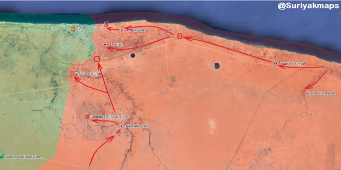  #Libya(Λιβυη)Sirte Battle:LNA attacked from 2 axis & from the port.Gains:West Axis:Wadi al-Hunaywah,Hawsh al Urjiyah,17th gate, Al-Suwawah,Tawillah & Sirte port-South Axis: Maskar al-Saadi base,Qasr Abu Hadi,Gardabya Airport/ Air Base,Wadi al Garbiyat & Sirte main roundabout.