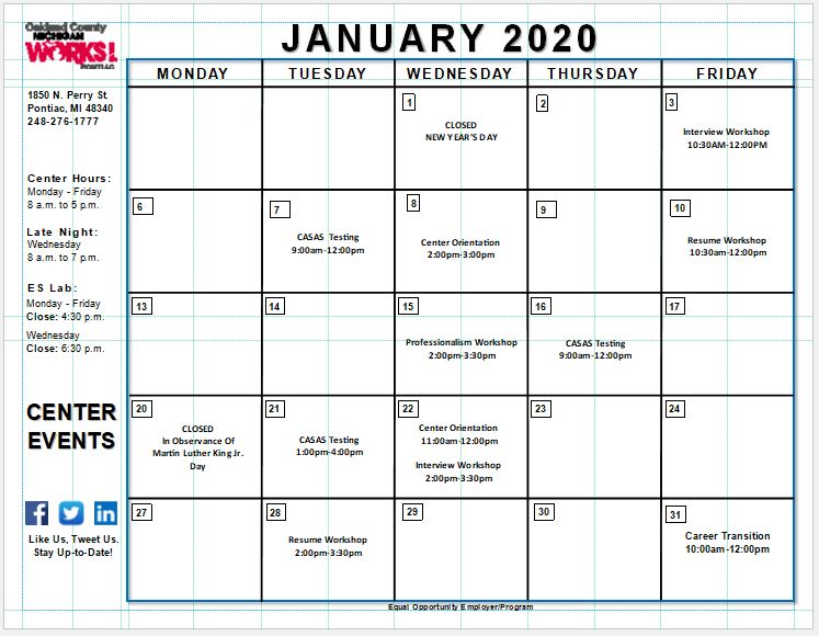 MIWorksPontiac's tweet image. Check out our #January events! #training #interviewworkshop #resume