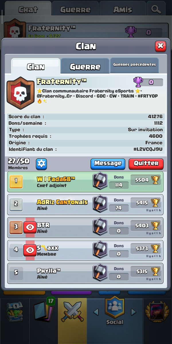 Fraternity_CR's tweet photo. Fraternity ouvre les portes de son clan ! 
Si vous avez un record de plus de 5k et plus de 100 Win GDC vous êtes les bienvenues 💥✨

Clan chaleureux et familiale, on vous attend ! https://t.co/l1xjJCtkY0