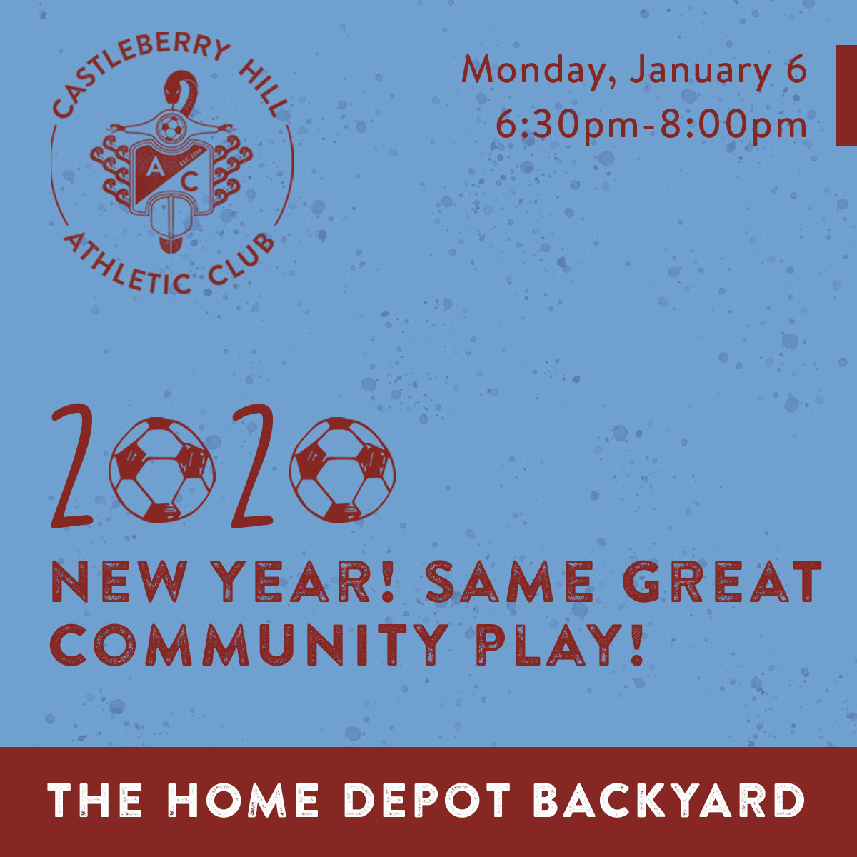 Join us this evening from 6:30p-8:00p (JAN 6) for weekly pick-up soccer <a href="/thdbackyard/">The Home Depot Backyard</a>
.Parking is available at the Mercedes-Benz Lot.
#CHAC #CastleberryHillAC #CastleberryHill #Atlanta #ATL #NvmqvamSolvsBibes #Soccer #PickUpSoccer #CommunityPlay #KickAbout