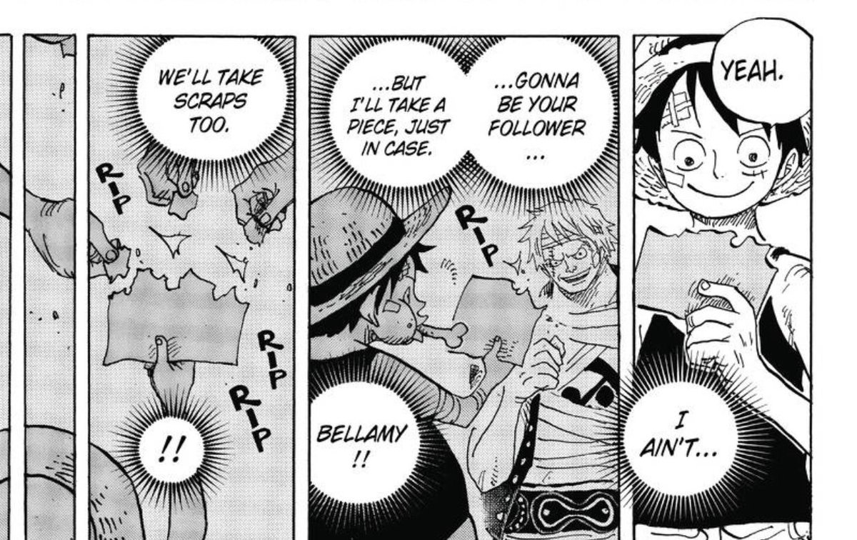 Standout Panel - I realize this is mostly a practical concern to help them all stay in touch, but I love the image of Luffy letting others take from his Vivre card. He’s sharing parts of his life + concern with others, and he does so gladly.  #OPGrant