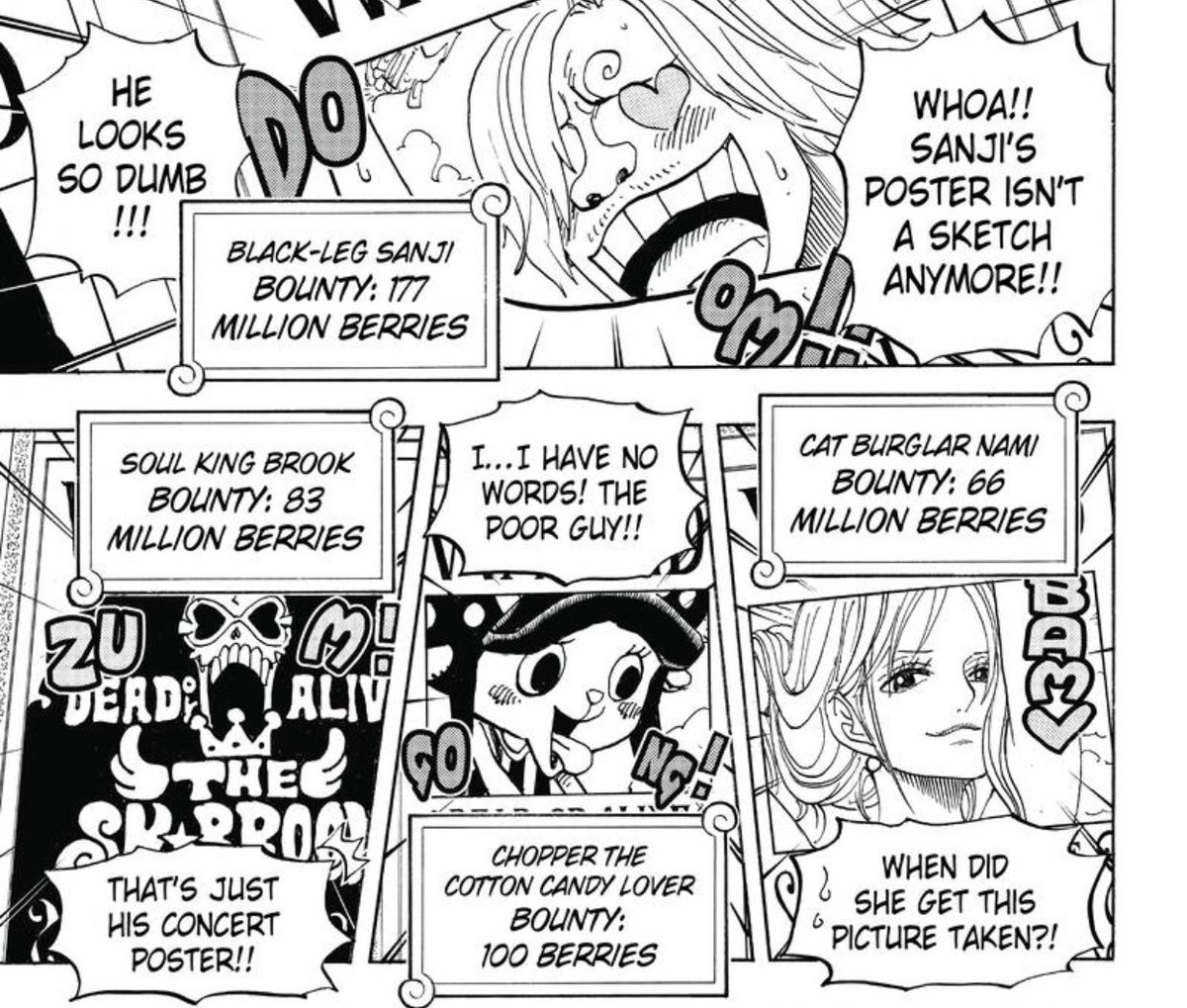 Chapter 801 - Bounty updates are always fun, somehow it gets funnier every time  Chopper only have a 100 berry bounty, Franky getting mad at the One True God Usopp, it’s all a riot. Nami’s new photo has such ENERGY good Lord. Also, Sanji finally having a real photo lol  #OPGrant