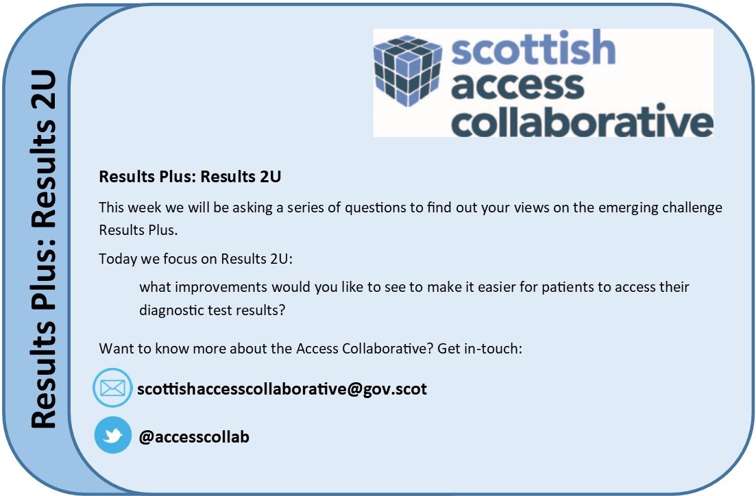 AccessCollab's tweet photo. What improvements would you like to see to make it easier for patients to access their diagnostic test results? #ResultsPlus #Results2U #EmergingChallenge @Walker13Kim https://t.co/pUCVGKBYiG