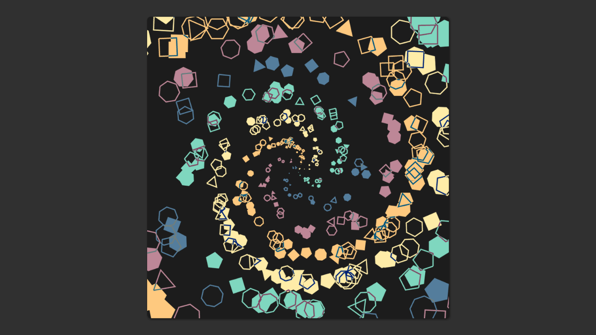 Slightly less messy polygon vortex. Spiral arms, each containing polygons of a certain colour are now clearly visible.