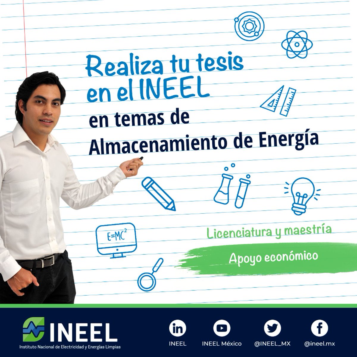 INEEL_MX's tweet photo. Si eres estudiante de #Licenciatura o #Maestría y estás buscando realizar tu tesis en temas de almacenamiento de energía, en el INEEL hay una oportunidad para ti. ¡Únete a nuestra comunidad! . Consulta la #Convocatoria: 👉 https://t.co/iYkppDnOoq https://t.co/yoLVEv3rM9