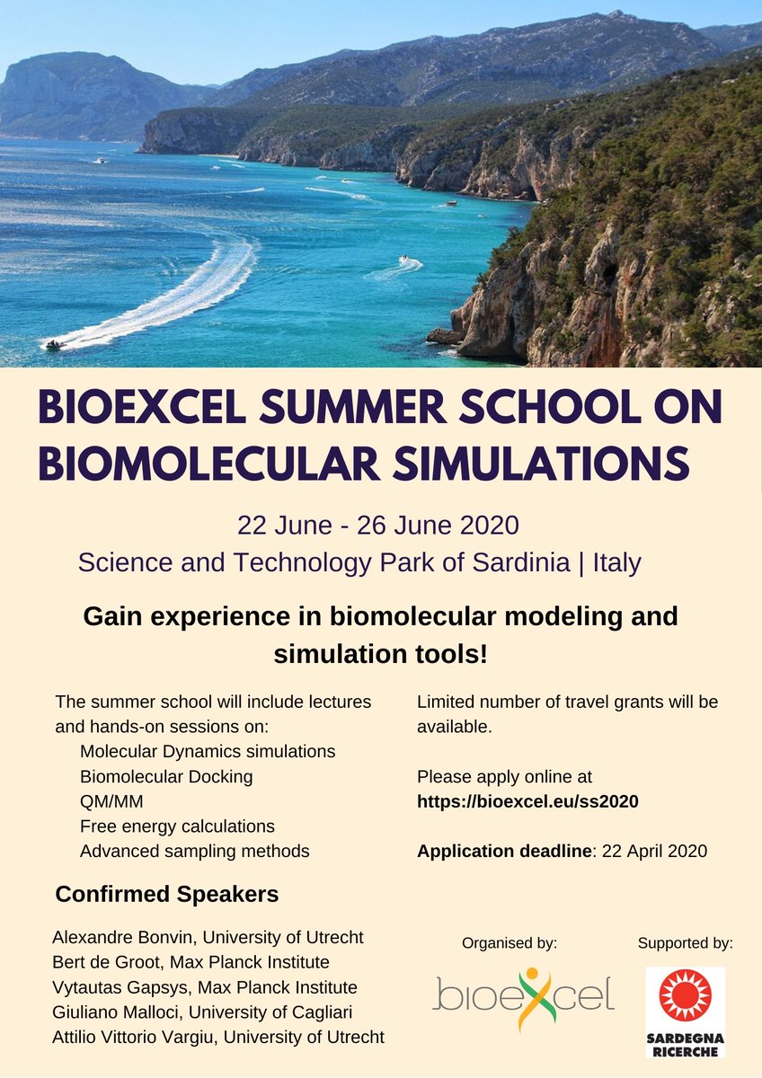 BioExcelCoE's tweet photo. Applications now open for the @BioExcelCoE Summer School! Learn about biomolecular modeling and #simulation and work on use cases integrating #GROMACS, #HADDOCK, #pmx. Limited travel grants available. #RT https://t.co/Hklq66S4u7 https://t.co/4oFjPeiVcK