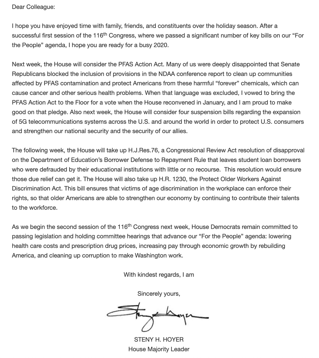 Screenshot of Leader Hoyer's Dear Colleague letter, which says the House will soon vote on H.R. 1230, the Protecting Older Workers Against Discrimination Act. This legislation is a priority of our employment task force, and we strongly support its passage.