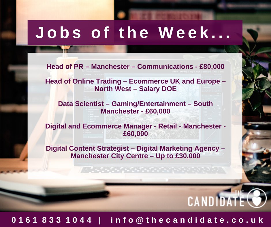 thecandidateuk's tweet photo. 🚨Check out our Jobs of the Week!🚨

🏆Head of PR https://t.co/ddEUfy6Yrz
🏆Head of Online Trading https://t.co/sTnuA9tAV6
🏆Data Scientist https://t.co/XfruJm8cuL
🏆Digital and Ecommerce Manager https://t.co/jT8oBTutft
🏆Digital Content Strategist https://t.co/50AH4KAnyU https://t.co/cCht9qs7Fu