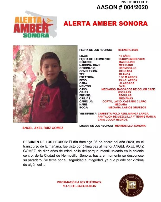 🚨Se activa #AlertaAmberSonora para la búsqueda y localización del menor ANGEL AXEL RUIZ GOMEZ de 10 años de edad.