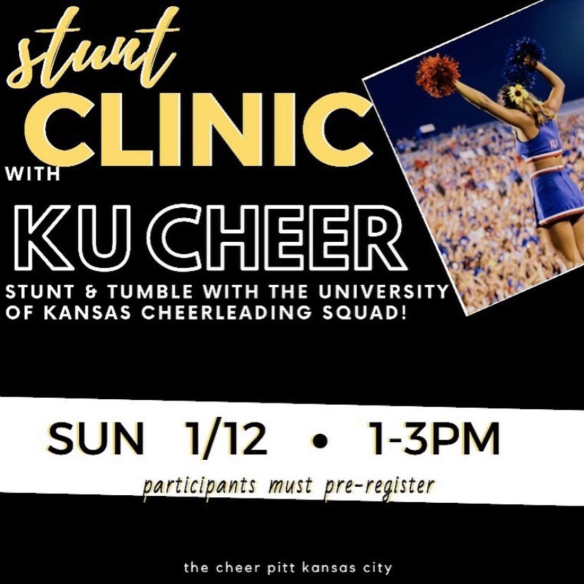 *CLINIC NOW OPEN TO AGES 7+!*
The KU Cheerleaders are excited to host a clinic at TCPKC open to the public. The clinic will focus on stunting with the KU cheerleaders, plus tumbling and other cheer skills! Register at tcpkansascity.com/upcoming-events.