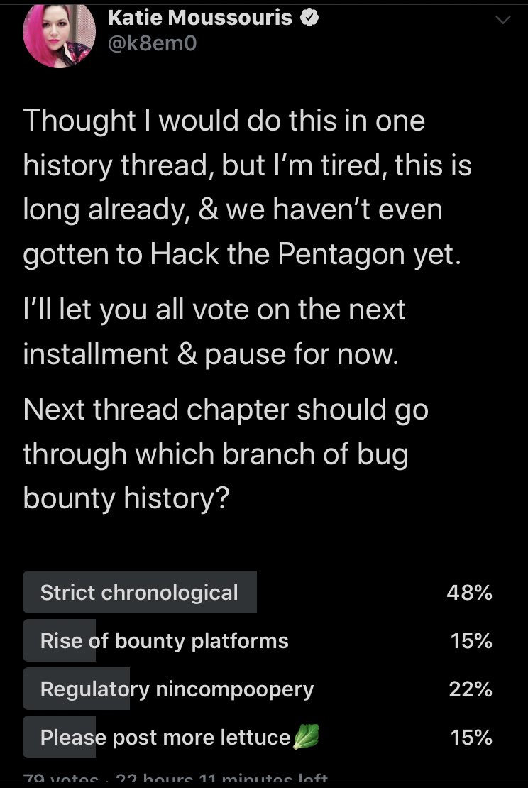 Ok I am going to leave the Twitter poll open for a day, but I just have to laugh at the early results that have people’s interest in the rise of bug bounty platforms on par with their curiosity about my homegrown lettuce Maybe their investors should look into hydroponics.