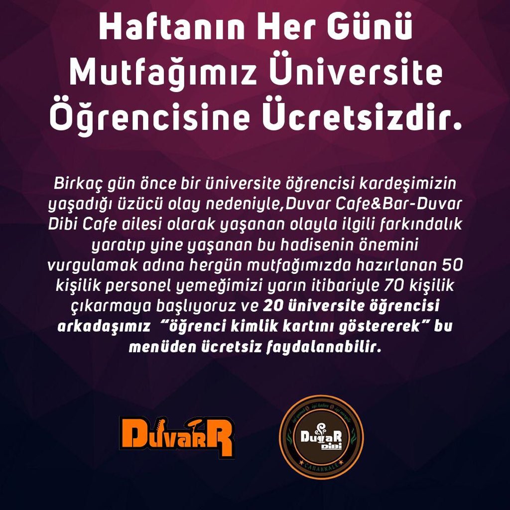 DuvarBar's tweet photo. Haftanın Her Günü Mutfağımız Üniversite Öğrencisine Ücretsizdir
•
@dorockxl Bu projenin ilk adımını atan DorockXL'a teşekkür ederiz. https://t.co/3VokYkTqu1