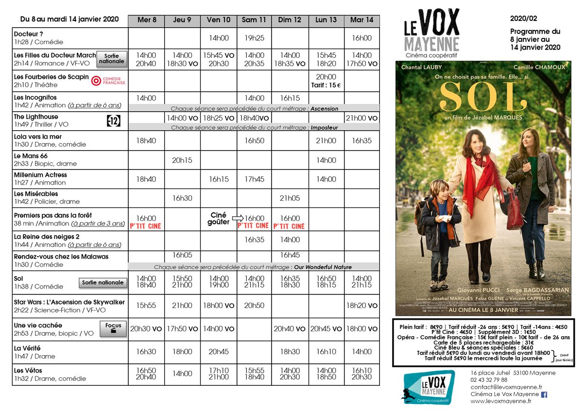 levoxmayenne's tweet photo. Le nouveau programme est sorti ! Voici les #horaires de la semaine du mercredi 8 janvier au mardi 14 janvier avec #Sol, #TheLighthouse, #UneVieCachée, #LesFillesduDocteurMarch (#LittleWomen)... https://t.co/VPAvvfrcCT