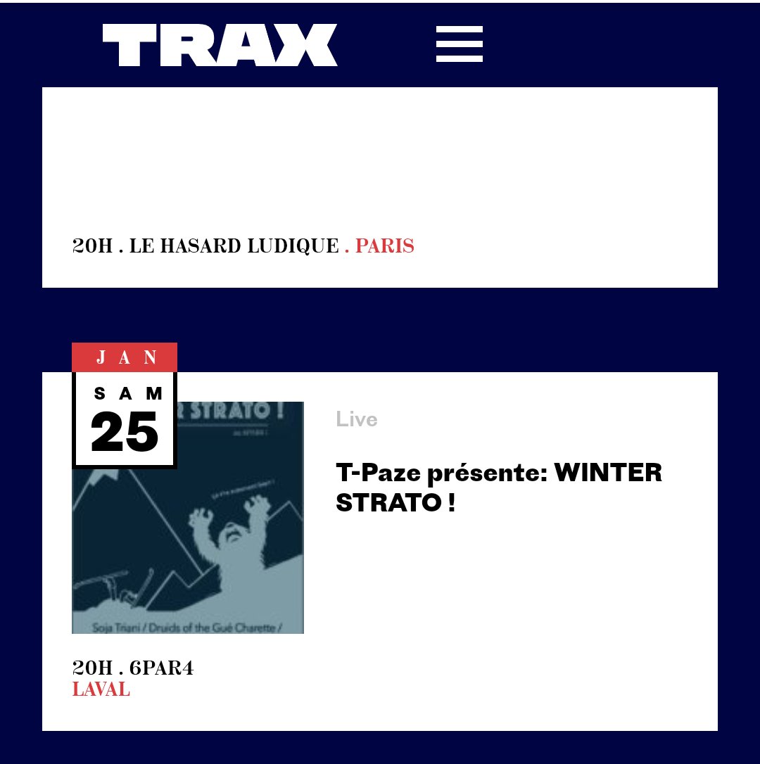 T_Paze's tweet photo. T-Paze in the North présente: Winter Strato ! se retrouve dans l'agenda de @MagazineTrax, que tu peux consulter sur leur site. 🚀👍

On y retrouve les infos sur la soirée sur les groupes. Et puis il y aussi le lien pour réserver ta place

RDV le 25|01|20 au @6PAR4 😘 https://t.co/K4V94JoYF1